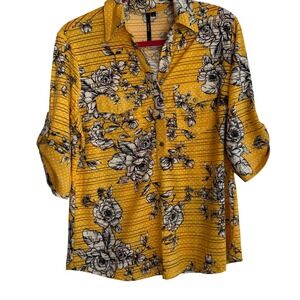 CATHY Yellow Floral Stripe Roll Tab Sleeve Button Up Shirt Women's Medium